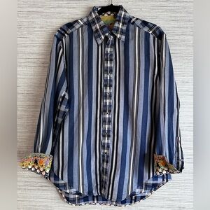 Mens Robert Graham SZ medium long sleeve button up Blue Vertical striped plaid